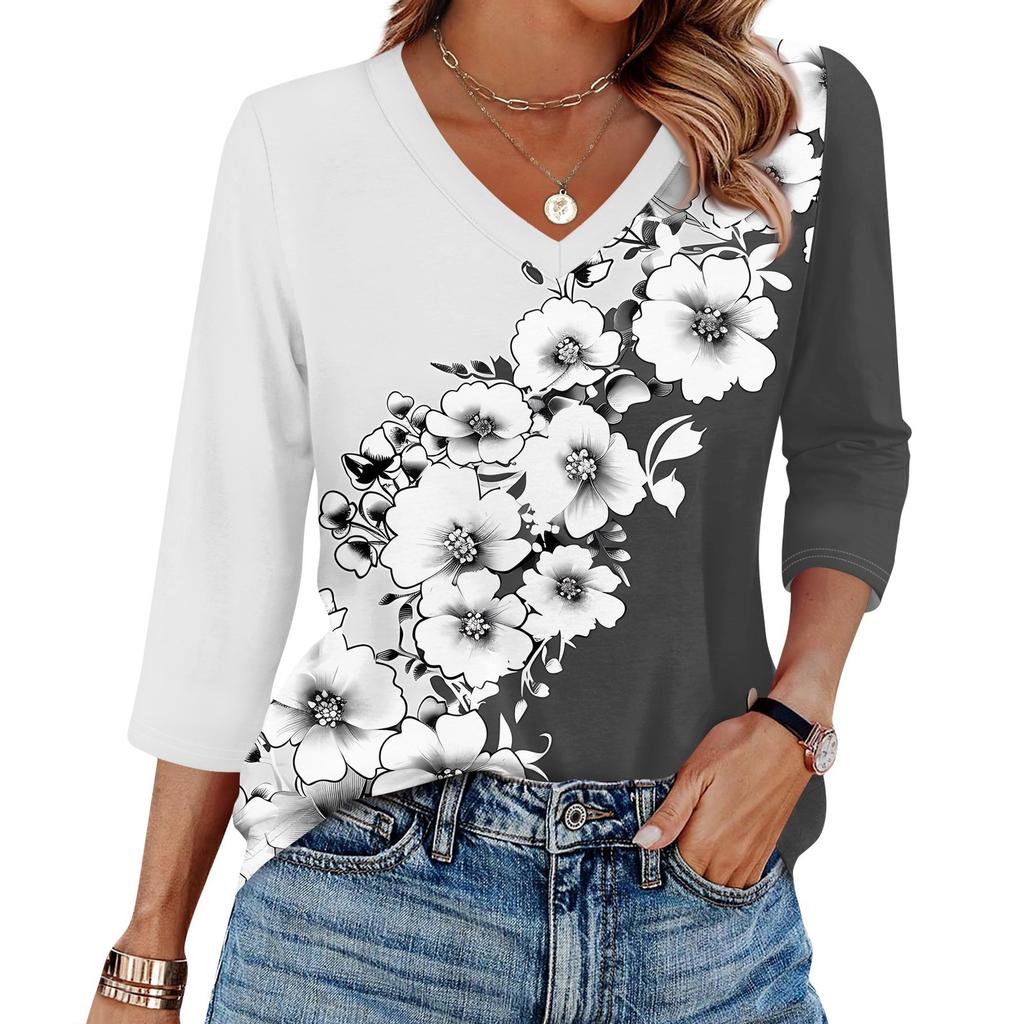 Women's T Shirt Print 3/4 Sleeve Daily Weekend Fashion Basic V- Neck Regular Top