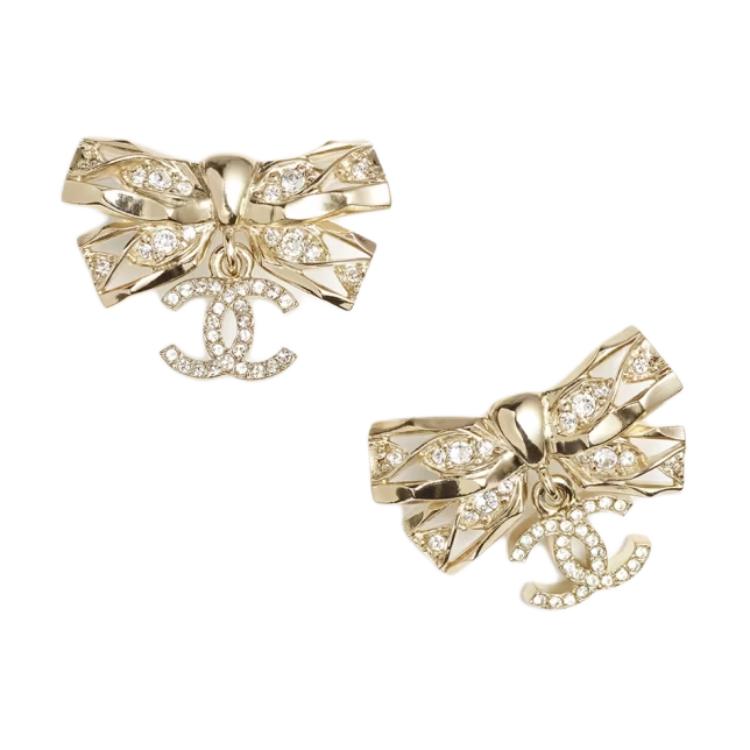 Chanel Bow Double C Pendant Metal Rhinestone Earrings Women earrings Gold ABE201-B16786-NY394