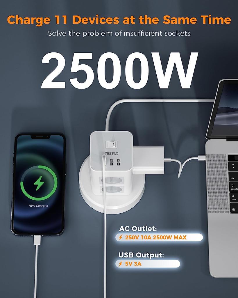 Tessan Вертикальные розетки с несколькими розетками в виде башни с USB, выдвижным удлинителем длиной 2 м, многоточечной электрической розеткой с вилкой EU KR