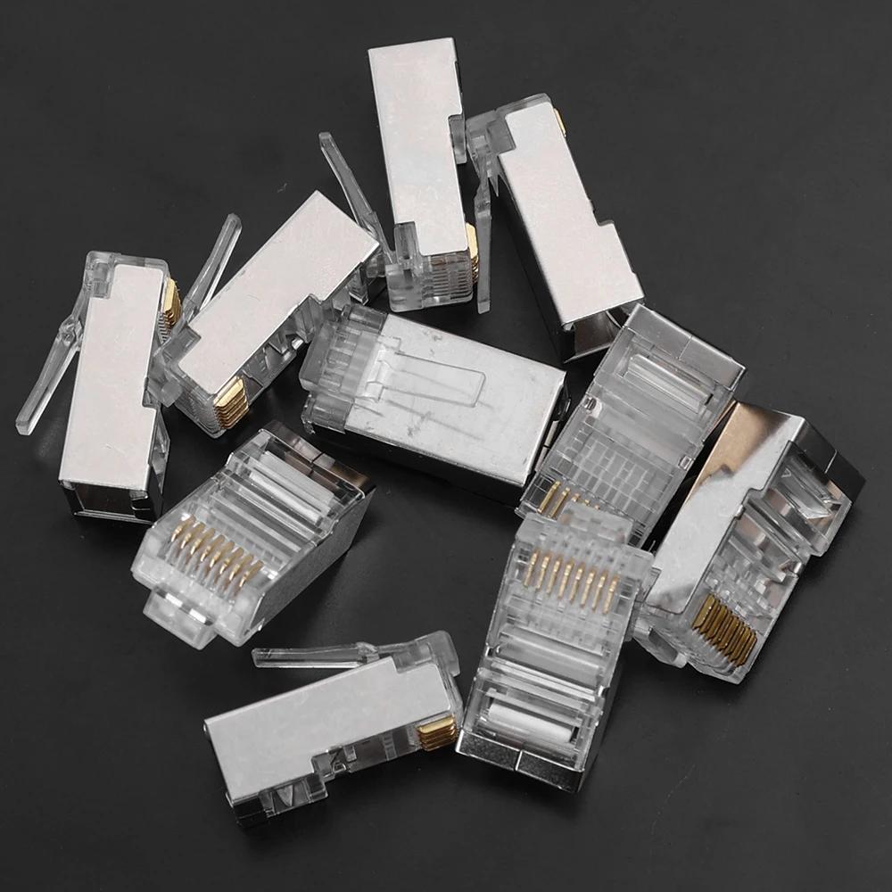 50/100 шт. Разъем RJ45 Cat6 Cat5e экранированный, модульный штекер, сетевые штекеры для кабеля, позолоченный, адаптер для кабеля Ethernet, аппаратное обеспечение для ПК
