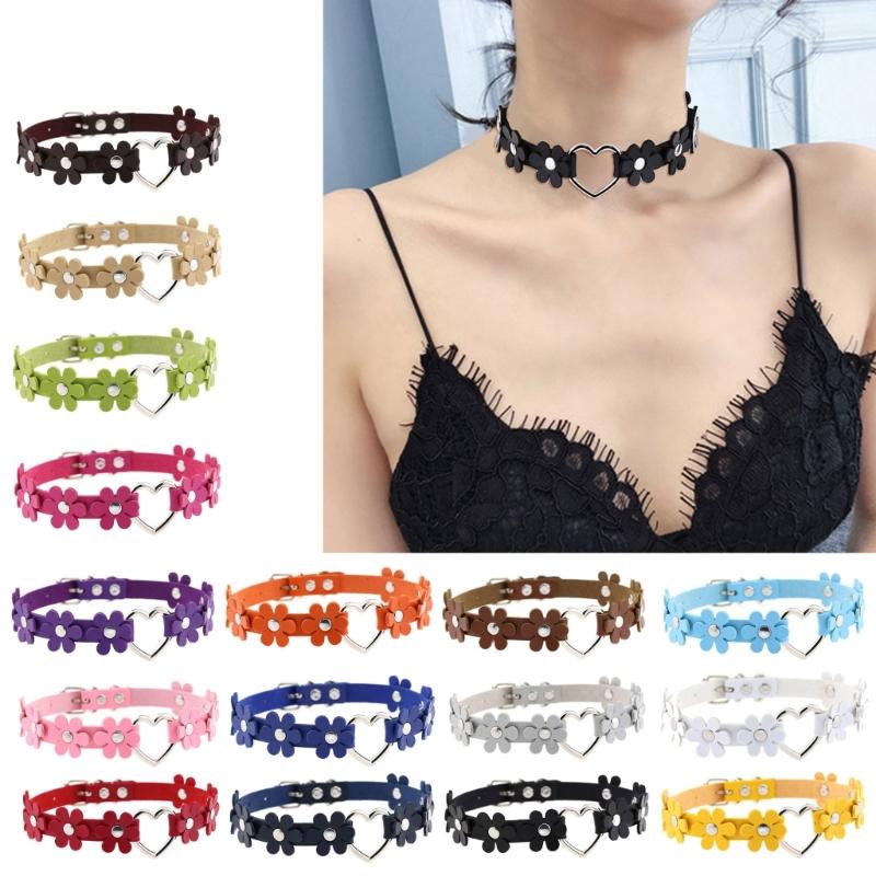 Leather Collar Choker Cute Flower Collar Necklace Neck Chain Necklace Statement Jewelry Heart Ring Necklace for Women