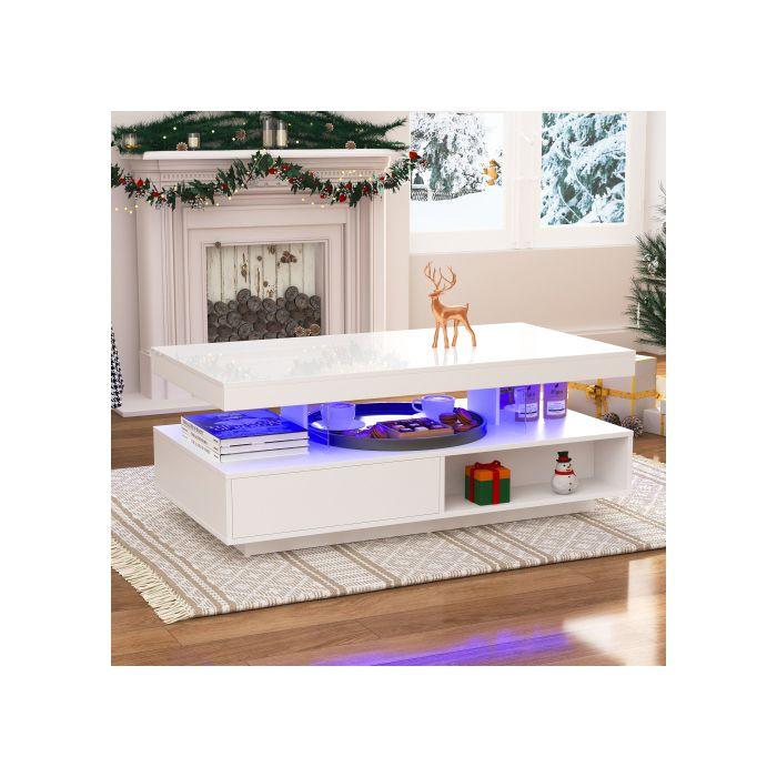 Table basse - MUVOE - 95x50x42,5 cm - 4 plateaux en verre - 2 tiroirs - Blanc brillant