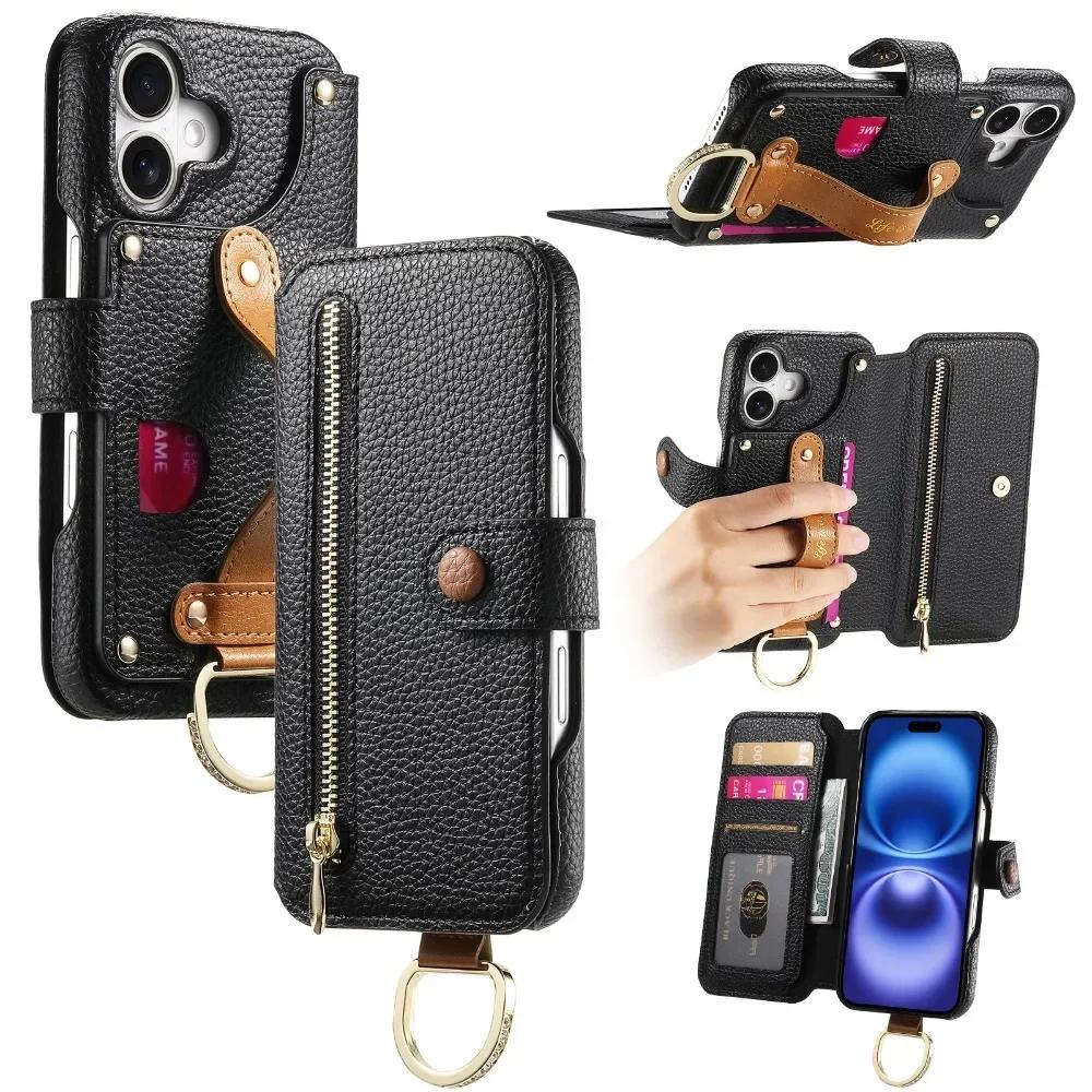 Card Slot Holder Wallet Phone Case with Wrist Strap Ring For iPhone 16 SE 15 14 Plus 13 12 11 Pro Max XS XR SE 2022 2022 7 8