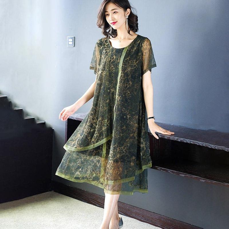 Платье женское летнее большого размера широкое свободное винтажное поддельное двухсекционное кружевное шелковистое мягкое простое повседневное длинное платье