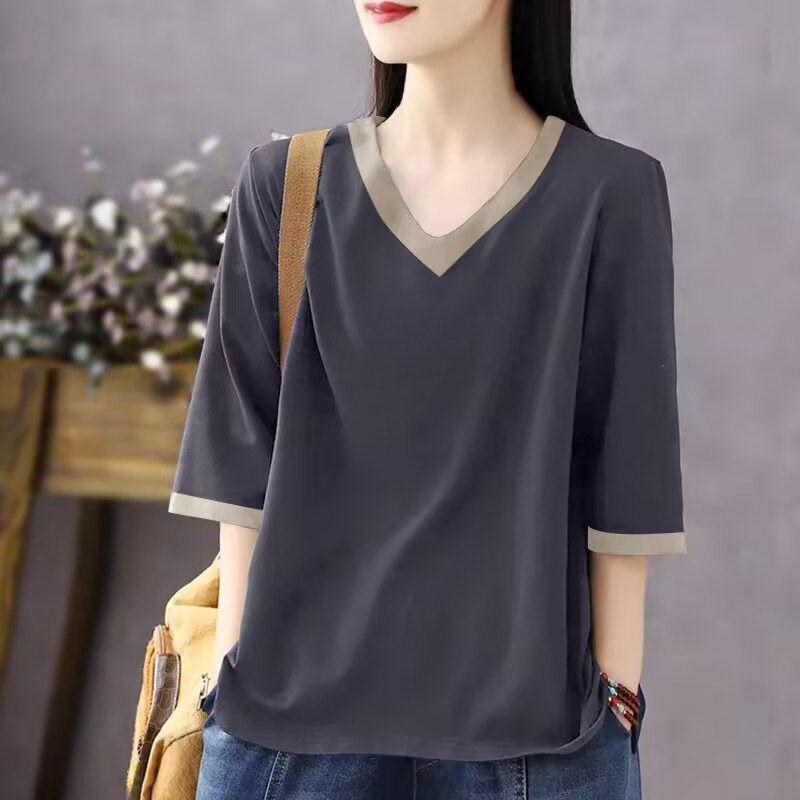 Foreign Trade Export Clearance Leakage 100% Pure Cotton V-neck Short sleeve T-shirt Women Summer Loose Belly Covering Slimming All-Matching Top