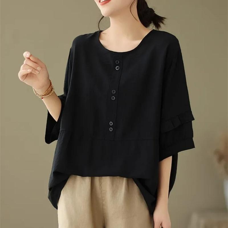 Новая хлопково-льняная ретро-рубашка в стиле ленивый шик, женская летняя тонкая свободная универсальная блузка с коротким рукавом