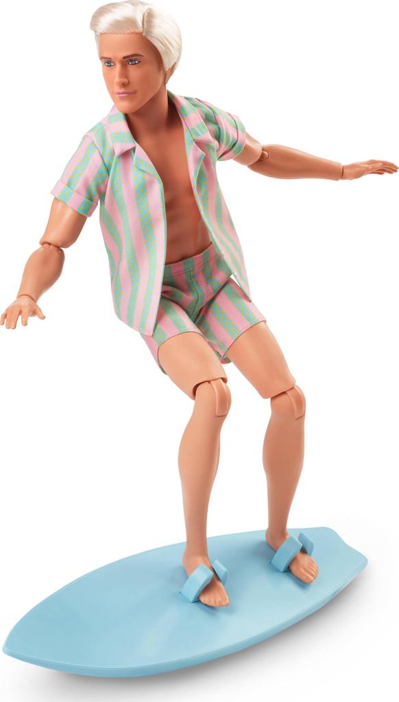 Barbie Movie Ken Doll Pastel Pink and Green Striped Beach Matching Set with Surfboard and White Sneakers