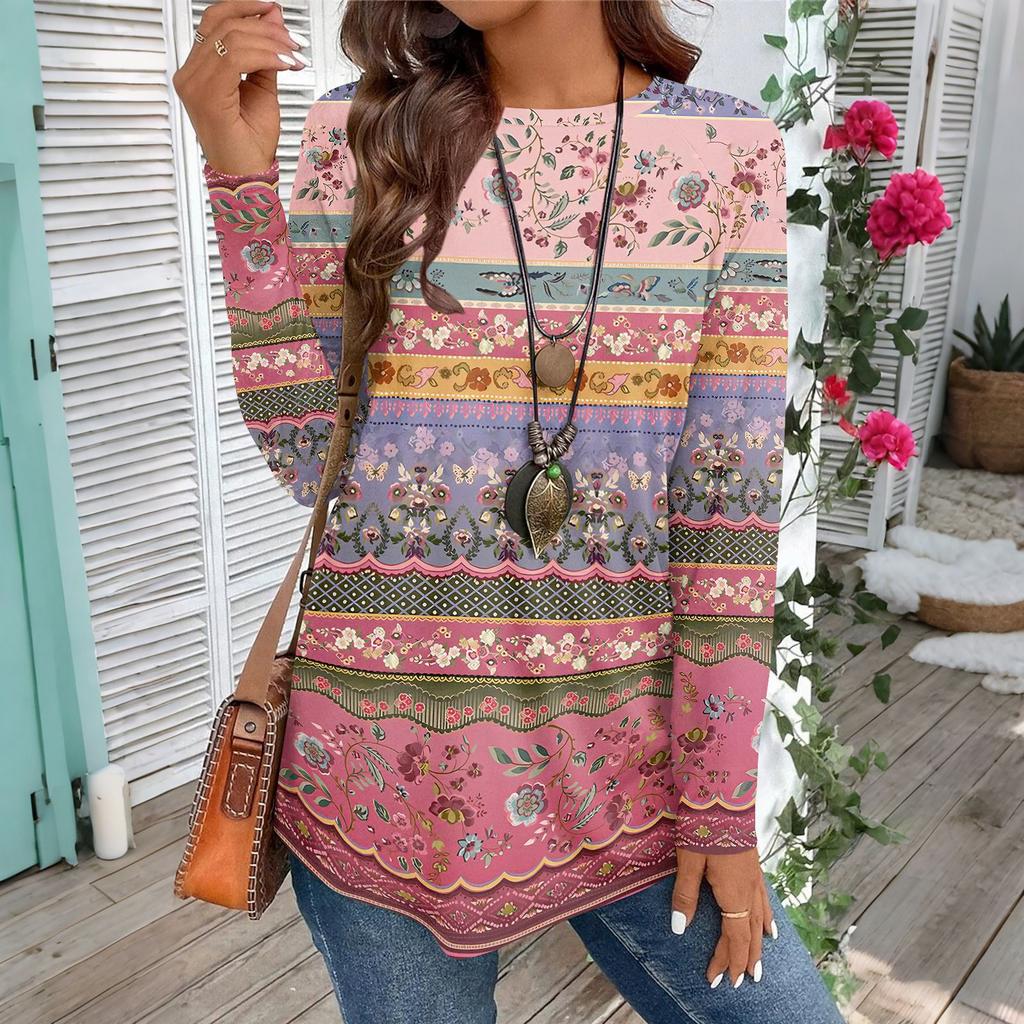 Женская повседневная футболка большого размера с длинными рукавами и круглым вырезом, винтажный этнический принт, топ-пуловер