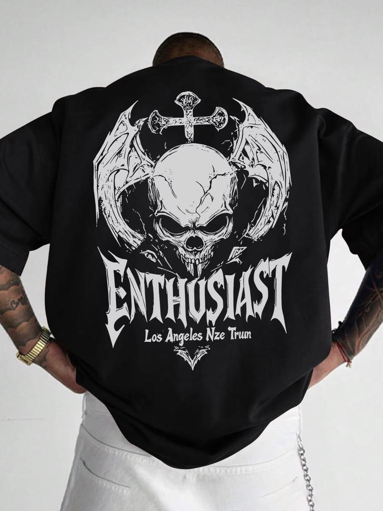 2026 Summer Hot Sale Enthusiast Gothic Skull Wings Cross Graphic Tshirt Unisex Streetwear Oversized Black Tee Highquality Tops