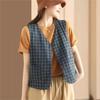 Женские винтажные клетчатые жилеты с V-образным вырезом и карманами в стиле пэчворк, осенние жилеты из хлопка и льна в китайском стиле