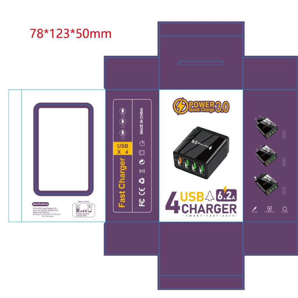 4-портовое USB-зарядное устройство 5,1 А QC3.0 для быстрой зарядки мобильных устройств - Характеристики для США, ЕС, Великобритании, Индии, Кореи