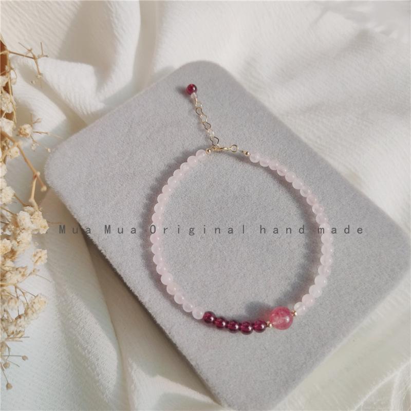 Natural Strawberry Quartz Pink Crystal14K Gold-plated versatile fresh ultra-fine bracelet for women, delicate and sparkling