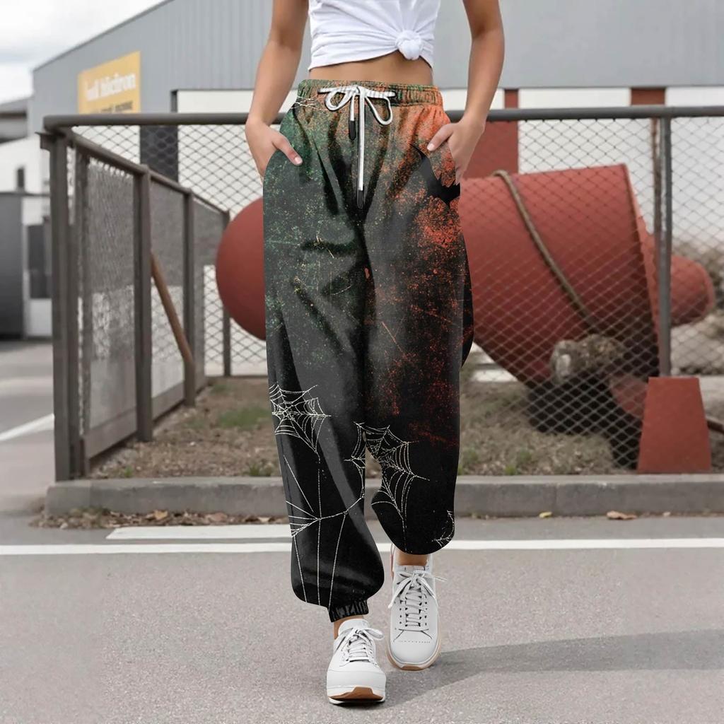 Женские повседневные модные брюки для отдыха с принтом на Хэллоуин, спортивные штаны, брюки с эластичной резинкой на талии, брюки со шнурком