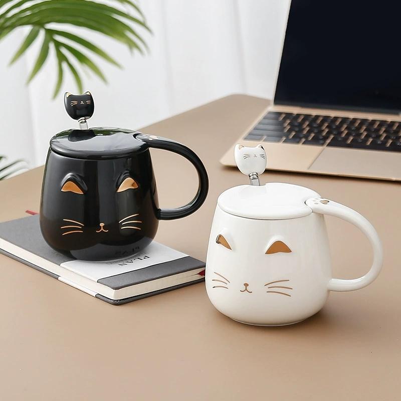 Креативная кружка для кошек высокой ценности, керамическая чашка с крышкой и ложкой, кофейная чашка, трехмерный рельеф, кошачьи ушки, черная, розовая, белая керамическая чашка