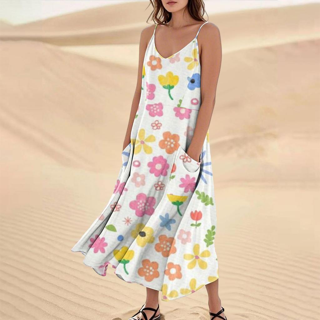Women's Casual V Neck Floral Print Sleeveless Pocket Suspender Dress