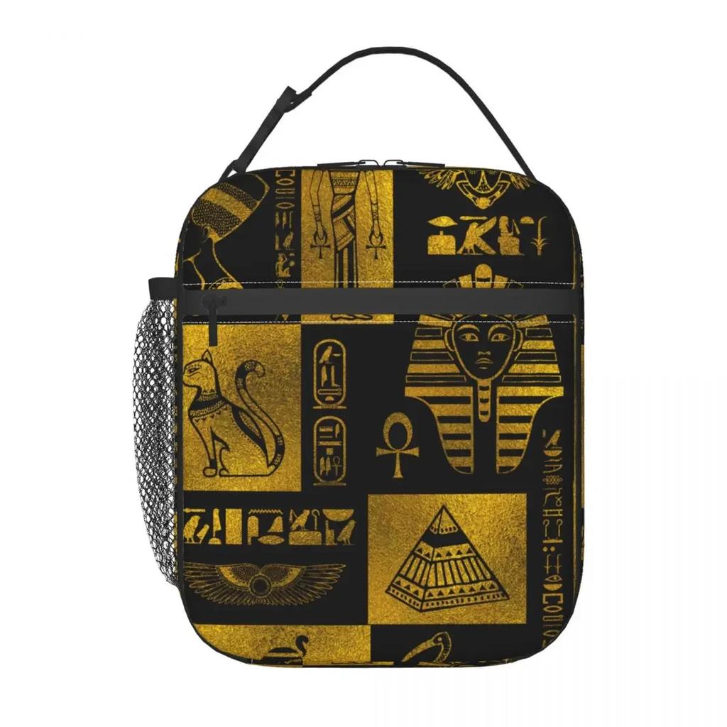 Egyptian Gold Hieroglyphs And Symbols Collage Insulated Lunch Bag High Capacity Egypt Meal Container Thermal Bag Tote Lunch Box