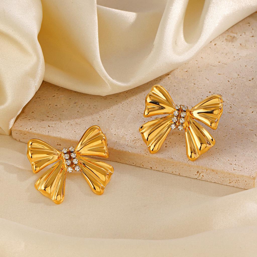 Stainless Steel Bow Stud Earrings Simple Gold Color Zircon Earrings For Women Fashion Jewelry Titanium Steel Earrings
