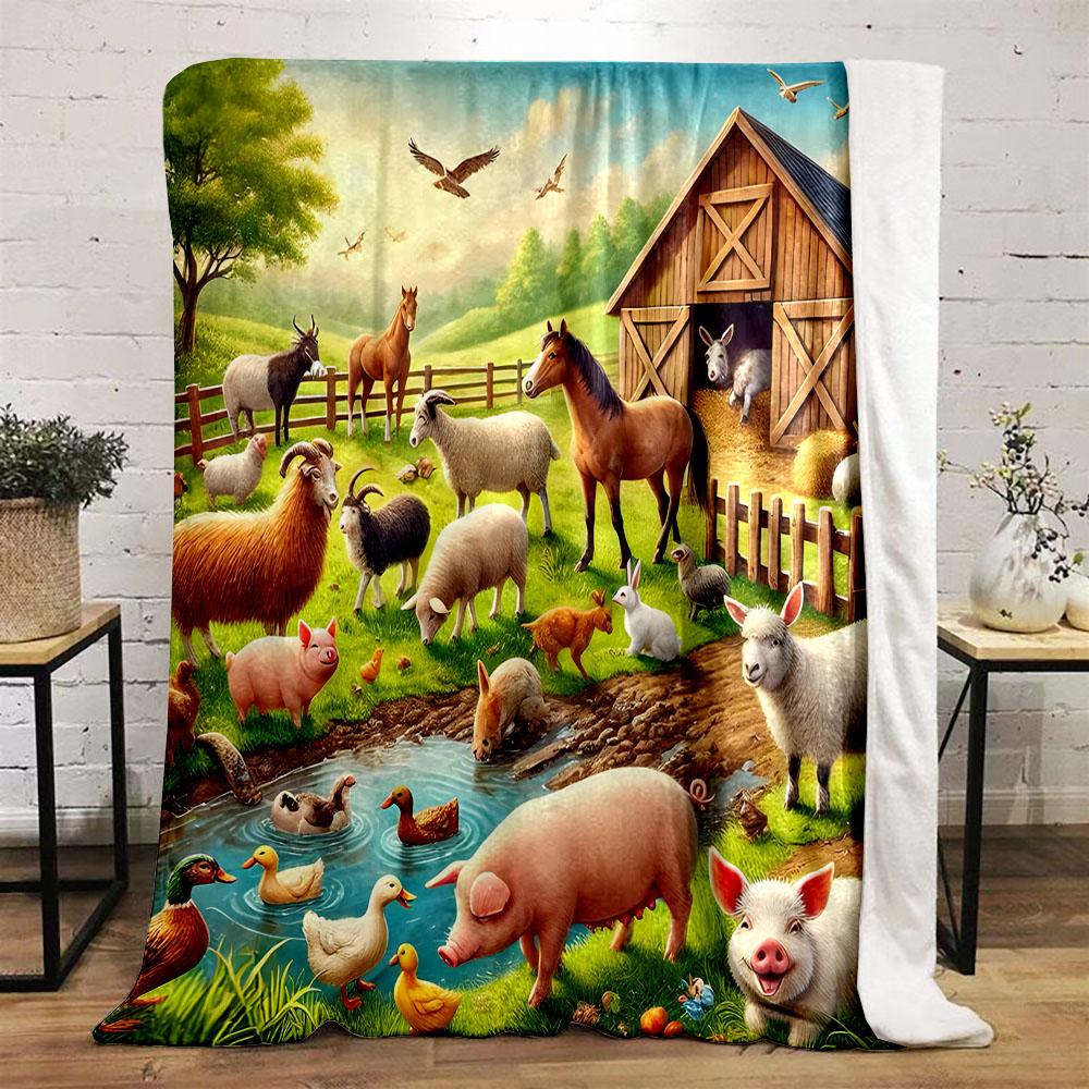 "Farm Animals in Scenic Countryside" Patterned flannel blanket perfect for the bedroom living room, sofa, or a little nap