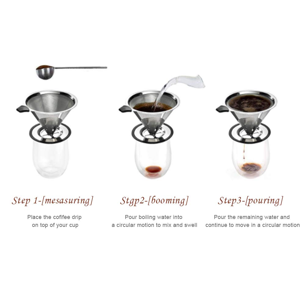 Пуровер для кофе Vanow с фильтром из нержавеющей стали, двойная сетка, не требует бумажных фильтров, можно мыть в посудомоечной машине, серебристый, 10,396,5 см, кофе ручной работы