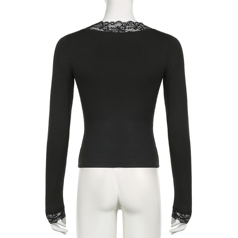 Европейская кружевная лоскутная футболка с длинным рукавом и V-образным вырезом
