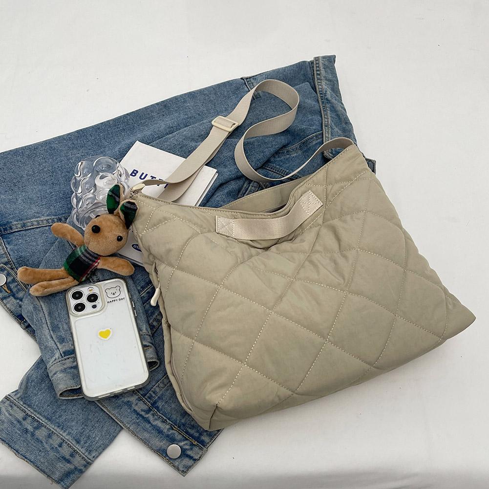Women Quilted Tote Bag with Pendant Puffy Crossbody Bag Large Capacity Satchel Sling Bag Padded Shoulder Bag Daily Dating Bag
