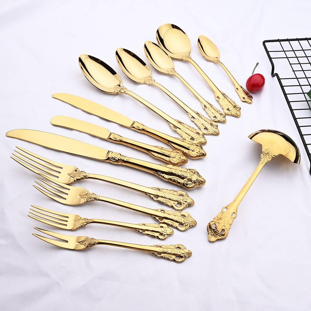 Gold Luxury Dinner Set Western Gold Plated Dinnerware Cutlery 18/10 Stainless Steel Vintage Kitchen Untensile Knife Fork Set