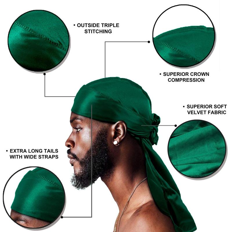 2Pcs New Silk Durag Bandana Turban Hat Men Breathable Long Tail Doo Rag for Men Durags Pirate Hat Headband