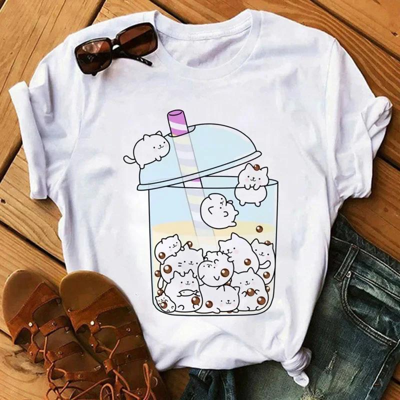 Kawaii футболка с принтом чая с молоком, женская модная футболка, повседневные топы, женские женские футболки с короткими рукавами 90-х годов, милая футболка с рисунком