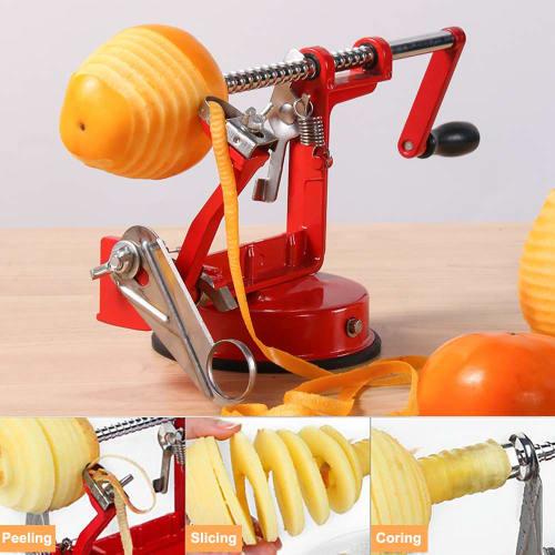 3-in-1 Stainless Steel Apple Peeler, Slicer, and Corer with Suction Cup (Vermilion)