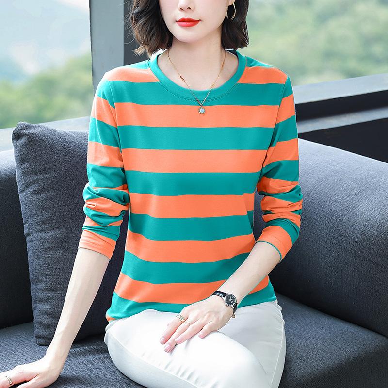 Осенняя одежда для мам среднего возраста, свободная хлопковая футболка с длинным рукавом больших размеров, женская осенняя одежда, майки с полосатыми топами