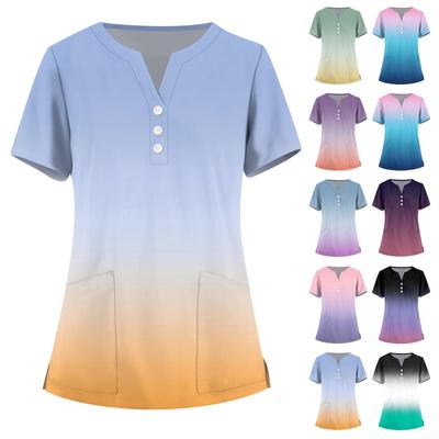 Женская мода, рабочая одежда с v-образным вырезом, короткими рукавами и карманами, топы с принтом, летние топы для женщин