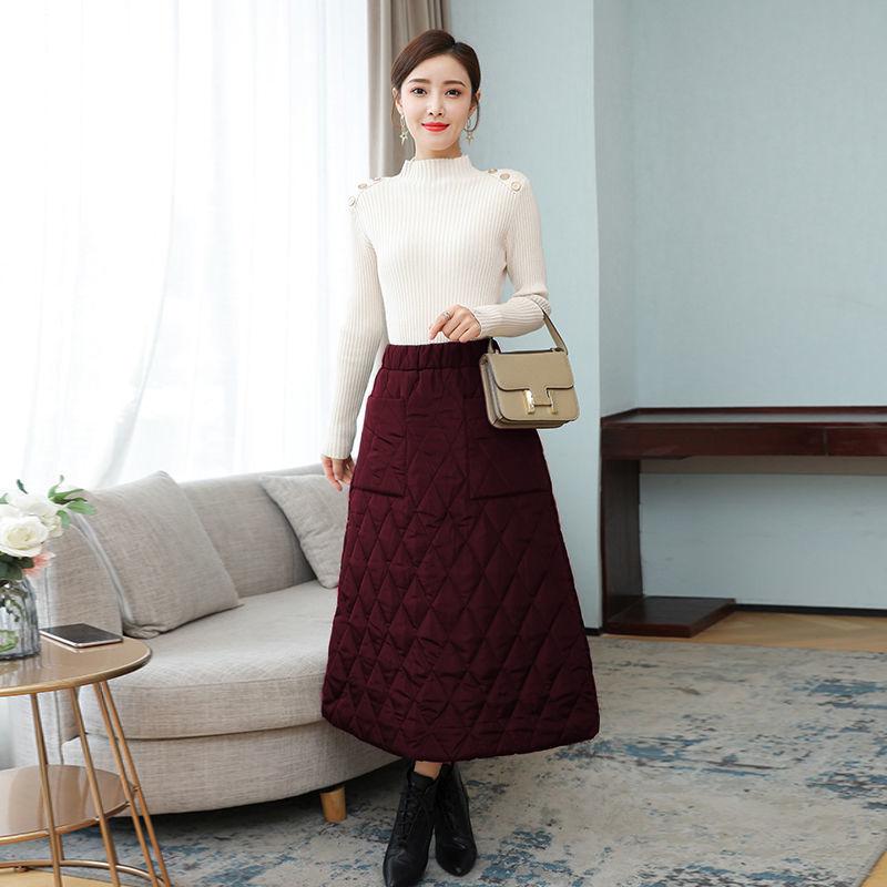 Winter and Autumn New Thickened Warm Cotton Elastic High Waist Slim Pocket Skirts Black