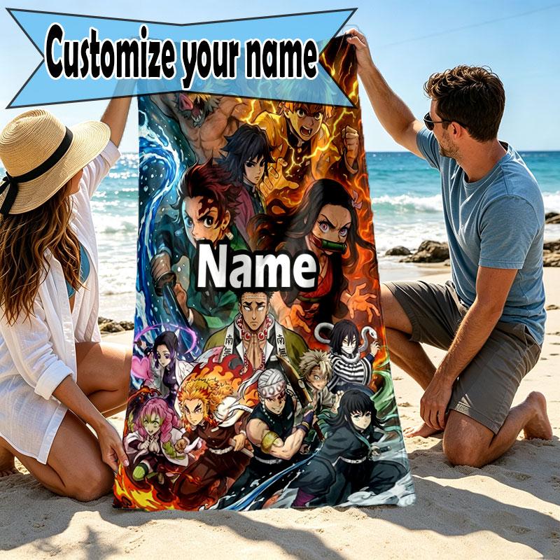 Custom Name Personalized Demon Slayer Print Beach Towel, for Trip Camping Beach Party Home Decor, Birthday Gift for Family & Friends
