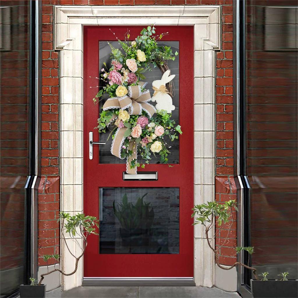 3D Easter Decoration Bunny Wreath Ribbon Wreath Door Hanging Home Simulation Plant Party Pendant