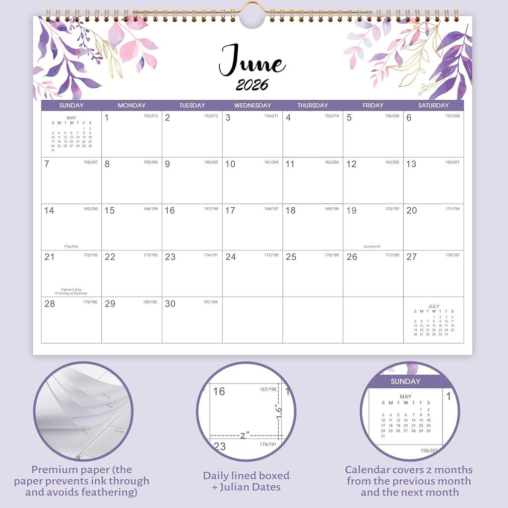 2026 Calendar - Wall Calendar 2026-2027, January 2026 - June 2027, 14.6" x 11.4", 2026 Calendar with Julian Date, Thick Paper, Twin-Wire Binding,