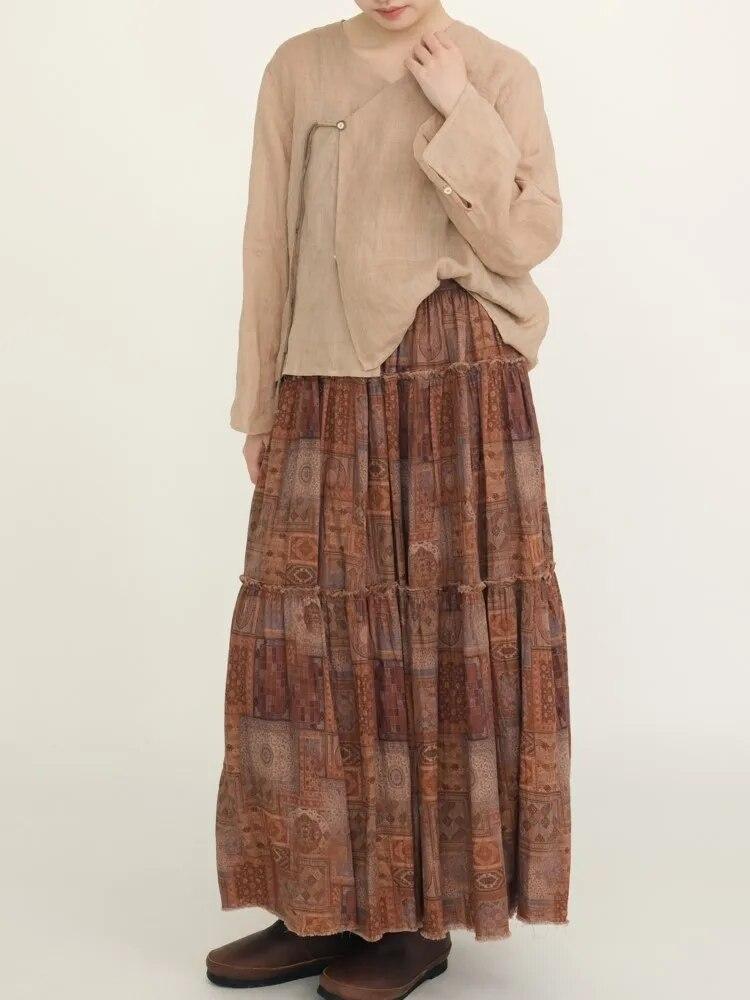 Johnature Women Vintage Print Floral Cotton Skirts Elastic Waist Patchwork Clothes Autumn High Quality Women Skirts