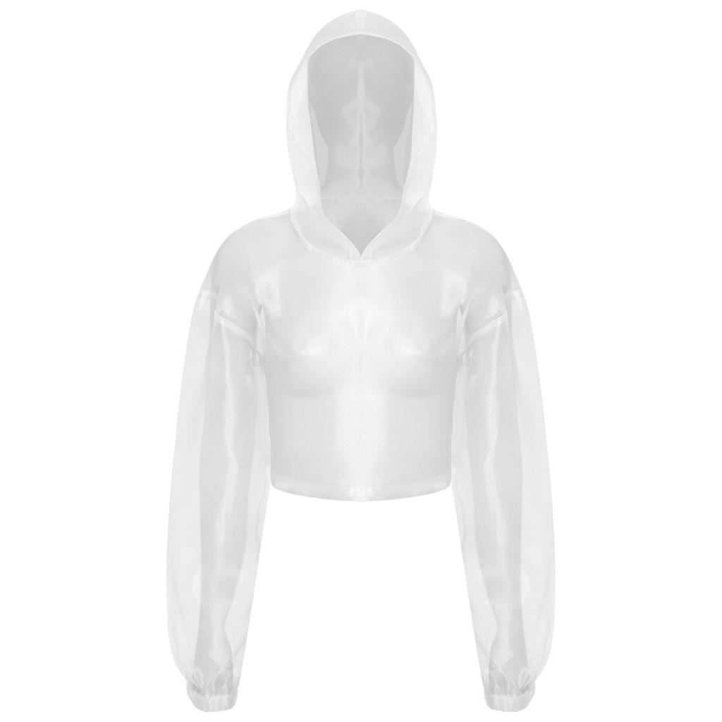 Womens Sparkly Sheer Top Hooded Long Sleeve Cropped Design Loose Fit Tops Club Rave Party