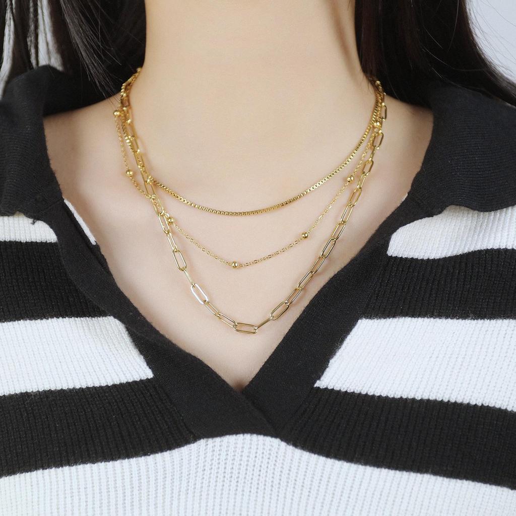 Elegant Luxury Women's Sweater Chain Titanium Steel Double Stacked Hip Hop Necklace Titanium Steel Necklace Gold Hundred Matching Jewelry