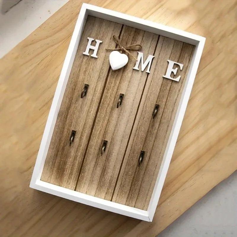 1pc Wooden Metal Key Hook Board Home Wall Decoration Living Room Entrance Storage Rack
