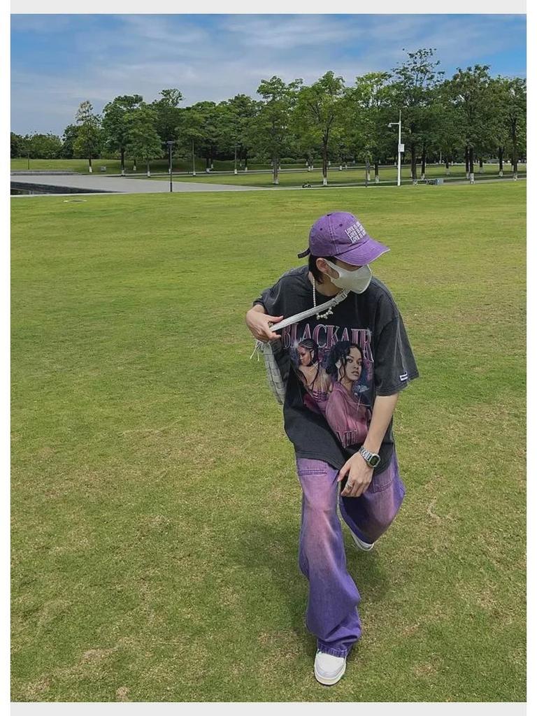 2023 Мужские джинсы в стиле ретро с широкими штанинами фиолетового цвета - Американская уличная мода в стиле хип-хоп