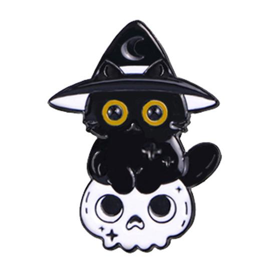 Enamel Craft Brooch Halloween Cartoon Black Cat Skeleton Shape Alloy Badge Compact Size Lapel Pin Easy to Fall Off Accessory