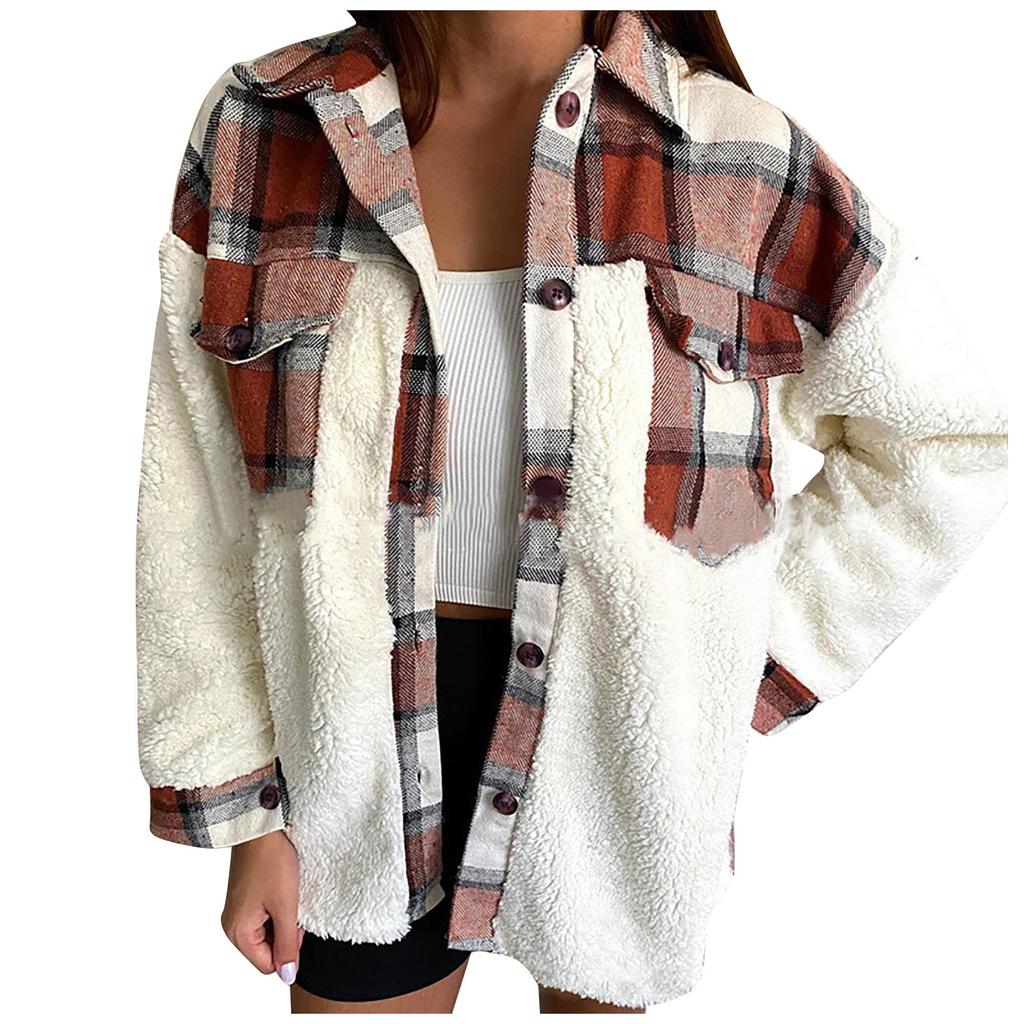 Women Winter Casual Fashion Classic Long Sleeve Lamb Wool Coat Plaid Coat