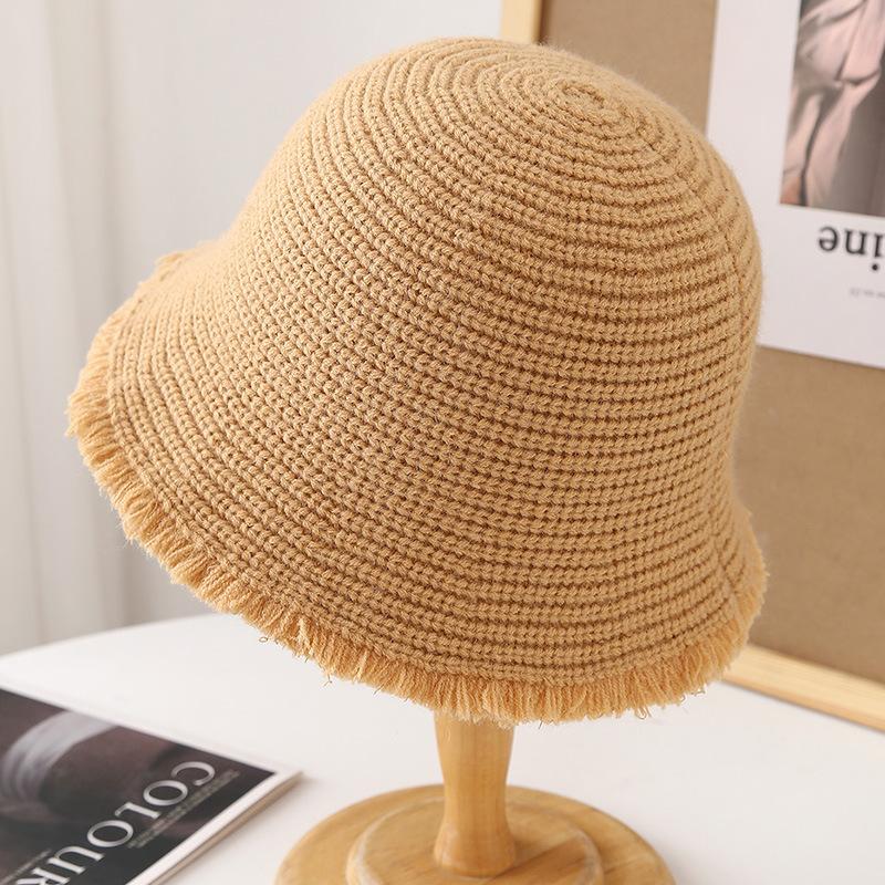 Solid color burr edge bucket hat women's autumn elegant versatile vacation basin hat fashionable face small knitted bucket hat
