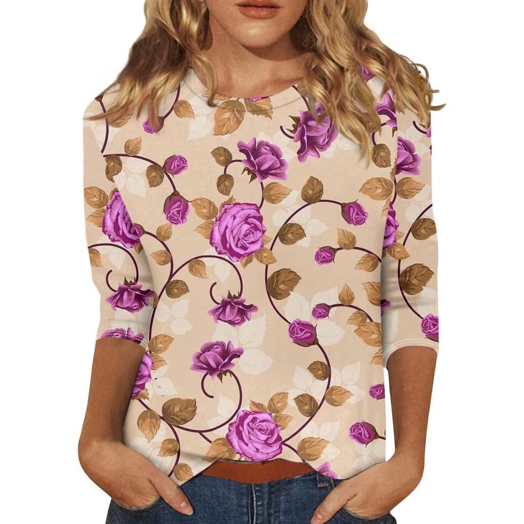 Женская мода повседневная футболка с круглым вырезом и рукавом три четверти с принтом, летняя одежда для женщин, корейская популярная одежда