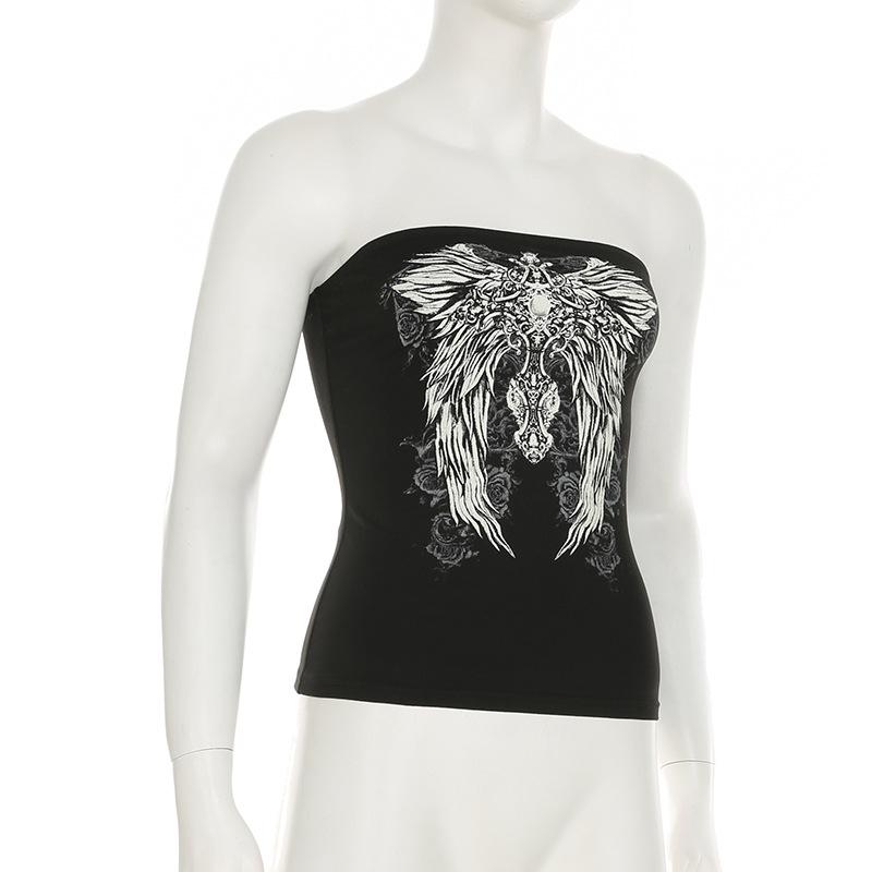 Готический принт Черный топ-труба Женский Без бретелек Облегающий Укороченные топы Летний Повседневный Шикарный Графические футболки y2k Уличная одежда Жилет Базовый