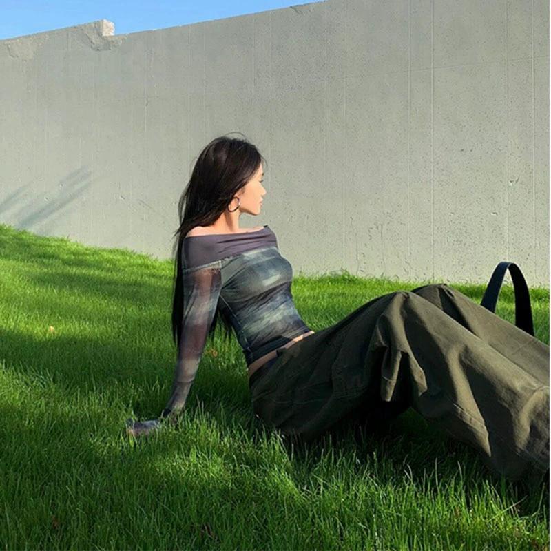 Тонкий уличный топ с открытыми плечами и принтом в стиле ретро, женские летние винтажные футболки Pure Desire с длинными рукавами, женский сетчатый повседневный пуловер для горячих девушек