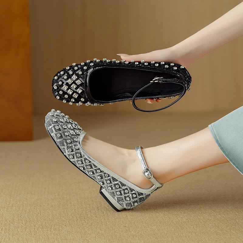 Krazing Pot Трикотаж Овчина Лето Размер 40 Кристалл Низкий каблук Ремешки на щиколотке Стразы Квадратный носок Элегантные Милые Туфли