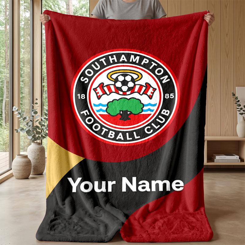 Southampton FC Custom Name Text Flannel Blanket Soccer Logo Personalized Fleece Throw Blanket Special Gift For Sofa Bedroom Home