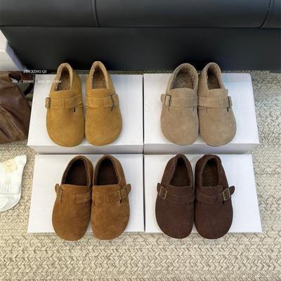 Ретро туфли Doudou на толстой подошве с бантом 2025 осень новинка плюшевые теплые удобные не уставшие ноги модные пушистые туфли