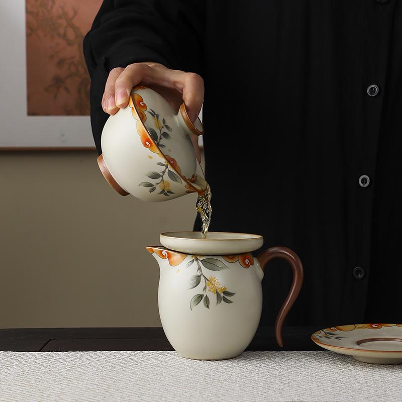 Beige Ru Ware Ceramic Kung Fu Tea Set: Teapot & Teacups in Gift Box for Holiday or Business Souvenir